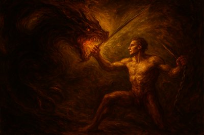 a painting of a man holding a sword