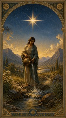 a robed figure pouring water beneath a large eight-pointed star in a night sky, symmetrical composition with an ornate decorative border, no text