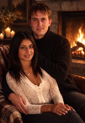 a man and a woman sitting on a couch in front of a fireplace