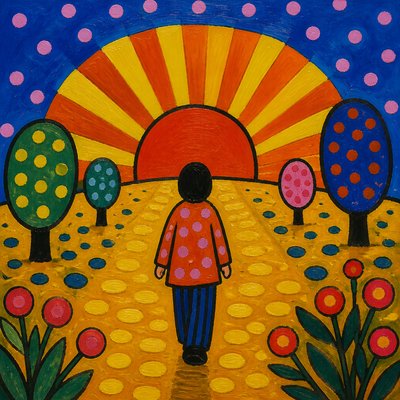 a solitary figure walking toward a glowing horizon across an empty plain, moody atmosphere, no text or lettering