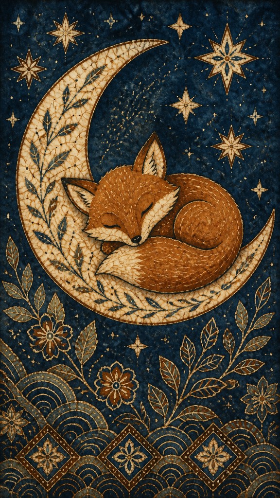a sleeping baby fox curled on a crescent moon among soft stars, gentle and warm, no text