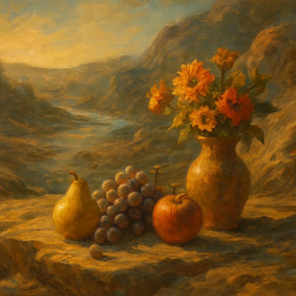 still life arrangement of fruits and flowers