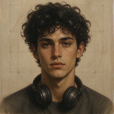 head-and-shoulders portrait of an original character: a young man with curly dark hair and headphones around his neck, plain backdrop, no text