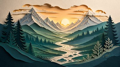a vast valley with a river winding toward distant mountains at sunrise, no people, no text