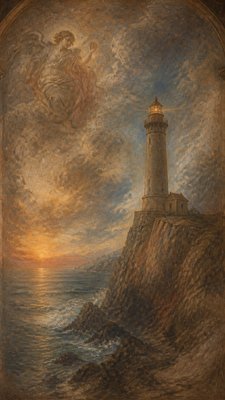 a lone lighthouse on a cliff at dusk under a dramatic sky, no text or lettering