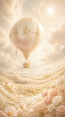 a hot air balloon drifting over rolling flower fields on a sunny day, cheerful, no text