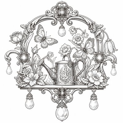 a garden scene with butterflies, flowers and a watering can, clean uncolored line art, no text