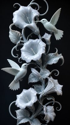 a climbing vine of flowers and hummingbirds on a dark background, tall wrapping composition, no text