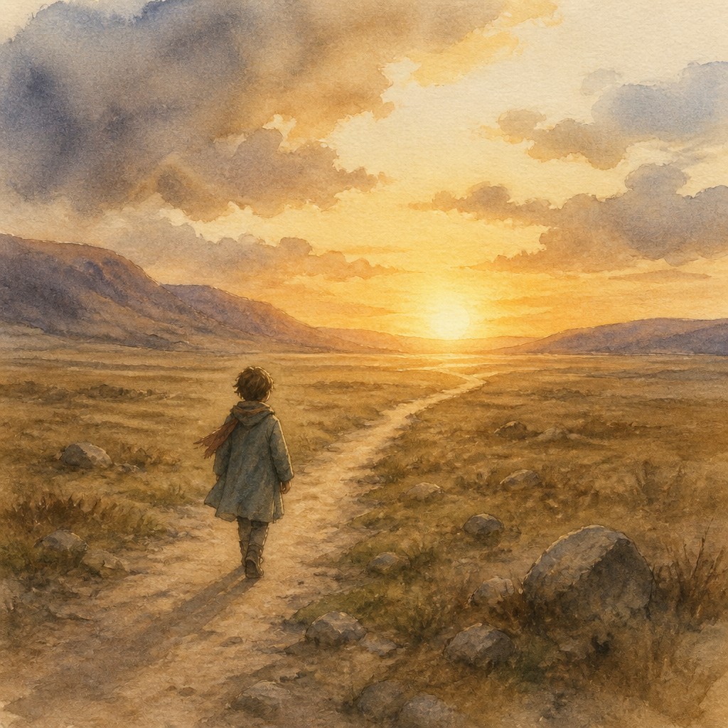 a solitary figure walking toward a glowing horizon across an empty plain, moody atmosphere, no text or lettering