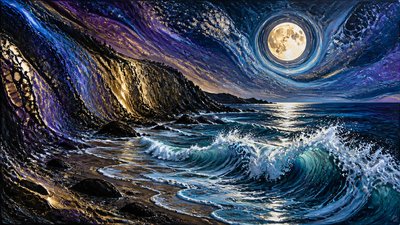a moonlit coastline with cliffs and crashing surf, no people