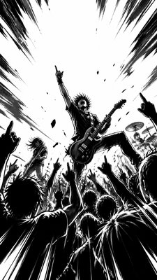 a live music scene with a glowing stage and silhouetted crowd, energetic vertical composition with open space at the top, no text