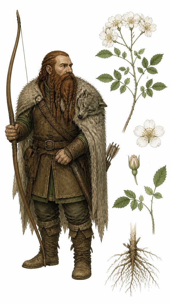 full-body original character: a dwarven ranger with a braided auburn beard, worn leather armor, a longbow and a wolf-pelt cloak, neutral background, no text