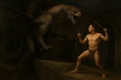 a painting of a man holding a sword in front of a demon