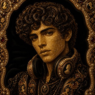 head-and-shoulders portrait of an original character: a young man with curly dark hair and headphones around his neck, plain backdrop, no text