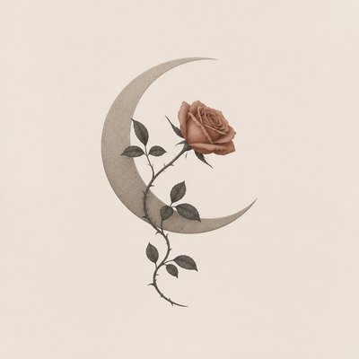 a rose entwined with a crescent moon, clean balanced composition on a plain background, no text