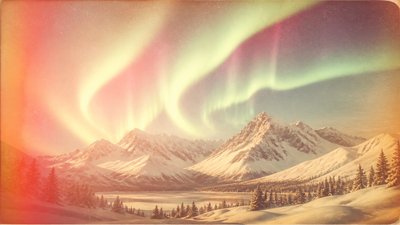 a flowing aurora over snowy peaks, wide sweeping composition, no people, no text