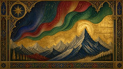 a flowing aurora over snowy peaks, wide sweeping composition, no people, no text