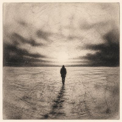 a solitary figure walking toward a glowing horizon across an empty plain, moody atmosphere, no text or lettering