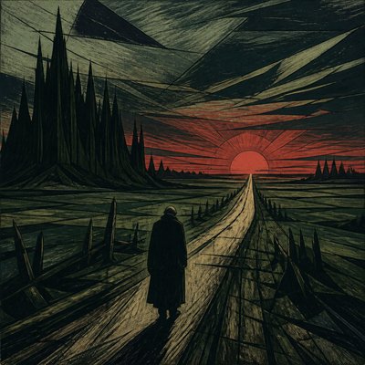 a solitary figure walking toward a glowing horizon across an empty plain, moody atmosphere, no text or lettering