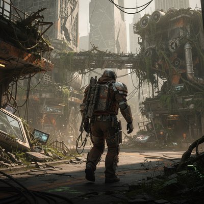 Scavenger in ruined metropolis