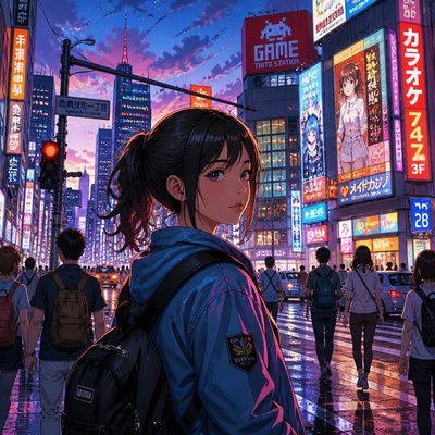 urban street with city activity — Anime Art Style
