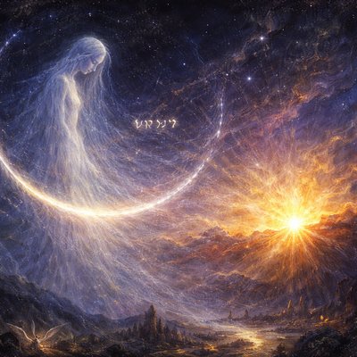 Create a single, breathtaking mystical still image in ancient biblical apocalyptic art style, inspired by the Book of Enoch's Astronomical Book and Jewish esoteric mysticism. Depict the profound new moon phase at the sacred moment of renewal: profound cosmic darkness transitions to the very first emergence of light.A delicate, razor-thin silver crescent moon appears as a faint whisper against the vast starry heavens, with the tiniest sliver illuminated—symbolizing light just beginning to 'rise upon her.' The moon is portrayed as an ethereal, luminous feminine figure, veiled in soft mist and subtle glow, humble and receptive, her form blending pale and almost invisible into the bright daytime sky 'like the heaven,' near the radiant golden sun on the horizon.The sun blazes with warm, divine golden rays, gently transferring the first threads of holy light to the moon along an invisible ecliptic vine-like arc of faint stars and zodiac gates. Ethereal ancient Hebrew-like script glows softly in silver near the crescent: 'Erâe' (appearance/seeing/emergence), evoking first revelation, yoking to the divine source, and quiet abiding.Atmosphere: awe-inspiring cosmic scale, deep velvety blacks fading to golden-hour celestial light, silver-blue lunar luminescence contrasting warm sun rays, subtle particle effects of divine energy flowing. No modern elements; pure ancient mystical realism with sense of divine harmony, covenant faithfulness, and spiritual waiting/filling. High detail, cinematic composition, 16:9 aspect ratio, 8K resolution, inspired by Byzantine icons, Renaissance apocalyptic visions, and ethereal fantasy astronomy art

