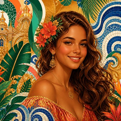 head-and-shoulders portrait of an original character: a young woman with wavy chestnut hair and a warm smile, plain soft backdrop