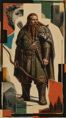 full-body original character: a dwarven ranger with a braided auburn beard, worn leather armor, a longbow and a wolf-pelt cloak, neutral background, no text
