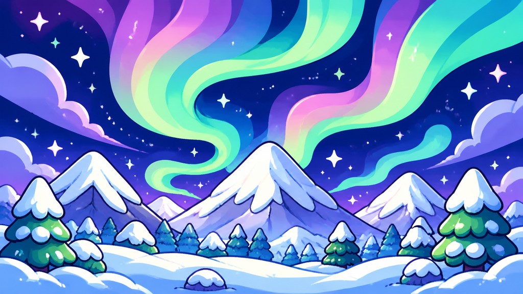 a flowing aurora over snowy peaks, wide sweeping composition, no people, no text