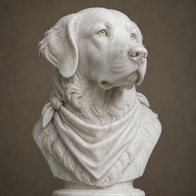 portrait of a golden retriever wearing a blue bandana, warm plain backdrop, no text