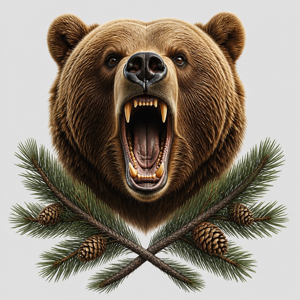 a roaring bear head above crossed pine branches, bold graphic composition on a plain background, no text