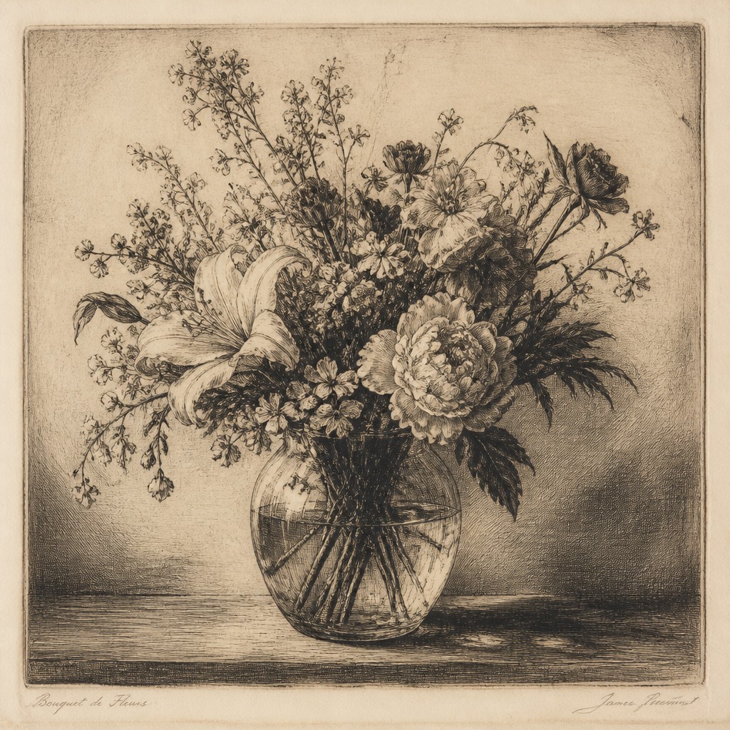 bouquet of flowers in a glass vase — Etching Print Style