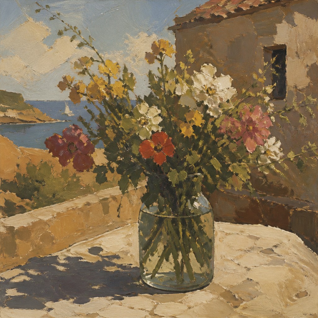 bouquet of flowers in a glass vase — Macchiaioli Art Style