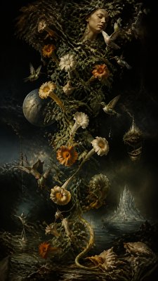 a climbing vine of flowers and hummingbirds on a dark background, tall wrapping composition, no text