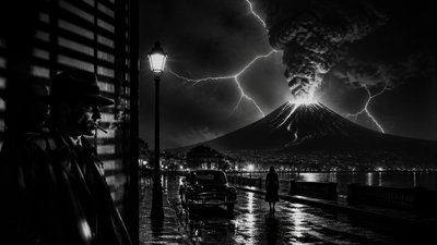 an erupting volcano with lightning strikes, dramatic wide composition, no text