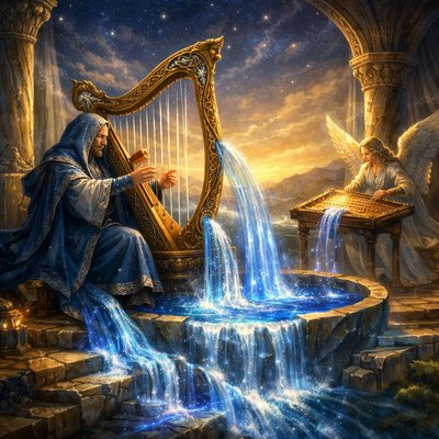 A wide-angle, epic and majestic fantasy-realism style illustration for ArtStyles, based on Psalm 92:3, capturing a grand, celestial-inspired musician at dawn. In a mystical, open-air temple balcony under a starry sky a majestic figure with blue and silver robes is seated. Before the figure are two elaborate instruments.
One is a unique, gilded and carved wooden harp with a distinct triangular frame, which is explicitly and clearly shown with EXACTLY 10 AND ONLY 10 distinct, visible, and countable strings stretched taut. The strings are glistening with cool, deep blue and golden light as the musician plucks them. Nearby, a beautiful, multi-stringed wooden psaltery (a trapezoidal zither-like instrument) sits on a stand being played by an angel.
As the musician plays, glowing streams of illuminated, cascading blue and indigo water, visualized as physical music, emanate directly from the vibrating strings of both the ten-string harp and the psaltery. This water-music does not fall as rain, but flows down and out in majestic, powerful, yet gentle streams, just like an outpour from a vessel. The water-music pools into a crystal-clear basin below the instruments, and then cascades over a series of carved crystal steps, spreading out across the temple floor and into a valley, illustrating the sound going out. The "solemn sound" is visualized through the deep, rich colors of the flowing water and the light within it, and the steady, powerful, and calming nature of the flow. The atmosphere is solemn, peaceful, and epic. No text or labels are on screen. The lighting is early morning gold and blue. Detailed fabric textures and wood grain are visible.
