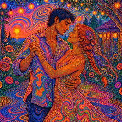 an original couple dancing under string lights in a garden at dusk: a man with short black hair in a linen shirt and a woman with braided red hair in a summer dress