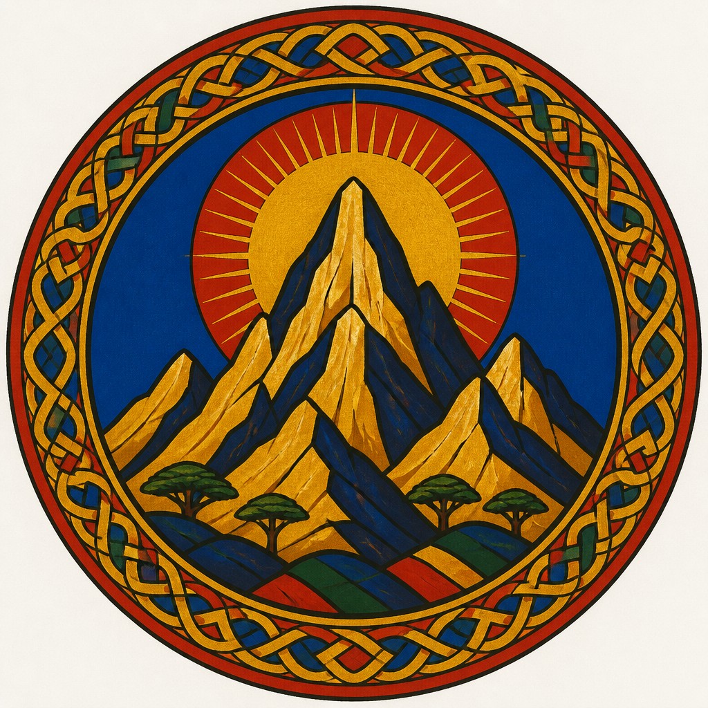 an emblem of a mountain peak inside a circle, simple bold shapes on a plain background, no text or lettering