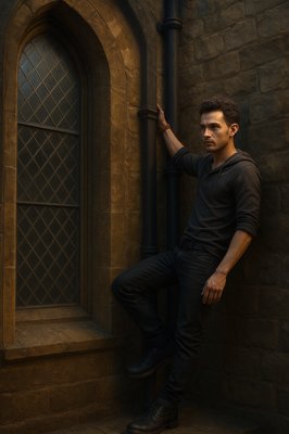 a man leaning against a stone wall next to a window