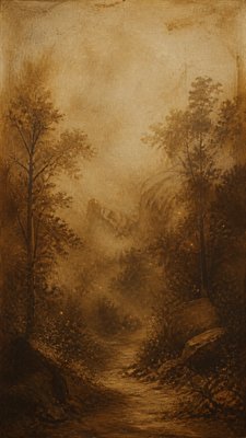a mysterious forest path with fireflies and drifting mist, atmospheric vertical composition with open space at the top, no text