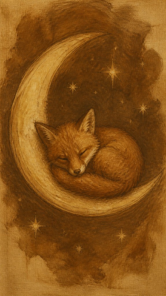 a sleeping baby fox curled on a crescent moon among soft stars, gentle and warm, no text