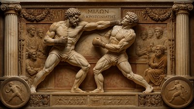 Milon of Croton ignudi greek boxer spars with another boxer hitting each other