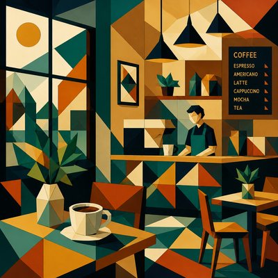 cozy cafe interior with warm lighting
