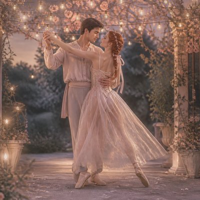 an original couple dancing under string lights in a garden at dusk: a man with short black hair in a linen shirt and a woman with braided red hair in a summer dress