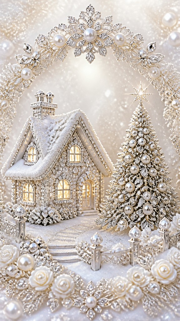 a snow-covered cottage with warm glowing windows beside a decorated pine tree, gentle snowfall, no text