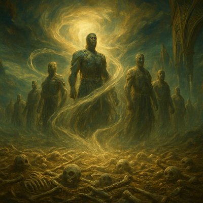 A profound and epic scene depicting the Vision of the Dry Bones from Ezekiel 37. In a desolate, vast valley, countless dry human bones are scattered, stark white and ancient. A powerful, divine wind (ruach) swirls through the valley, imbued with a sacred, ethereal glow, causing the bones to rattle and miraculously knit together. Tendons, flesh, and skin rapidly form over the skeletal structures, transforming them into fully-formed human figures. As the divine breath enters, the figures rise, not as individuals, but as a colossal, awe-inspiring army standing upright, gazing forward with renewed life and purpose. The sky above is dramatic, perhaps with stormy clouds breaking to reveal a divine light. The overall mood is one of miraculous resurrection, immense power, and hopeful restoration."