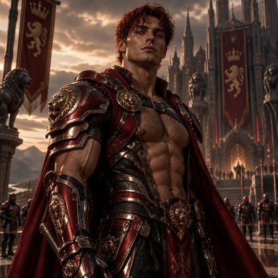 Je veux que tu me fasses un guerrier, tres modern avec une armure moderne genre full rouge sombre doré on voit ses muscle et il a pas de barbe et des cheveux ondulé court il est hot et un peu poilu pour le realisme il est roue cheveux et a des yeux rouge foncé vif on dirait presque un dieu dans le theme des rois de anglettere ancien moderne