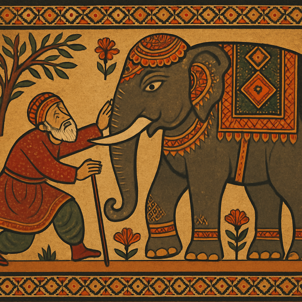 The first approached the elephant and happening to fall against his broad and study side at once began to bawl, God bless me but the elephant is very like a wall. Show a blind man falling against the side of the elephant with tusks.