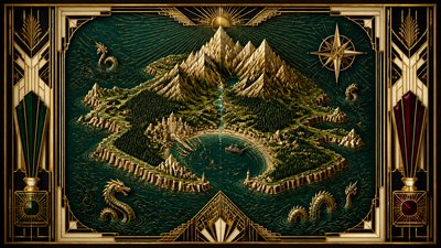 a map of an island realm with mountains, forests, a sheltered bay, sea monsters in the water and a compass rose, no text labels