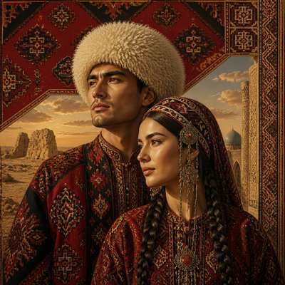 portrait of two people together — Turkmen Art Style